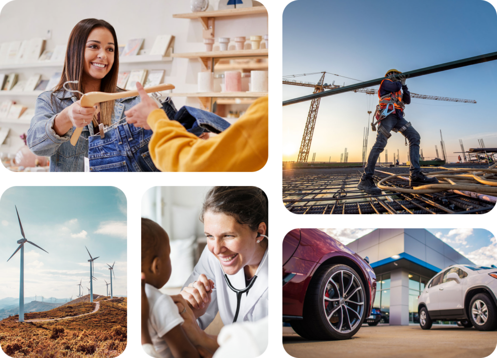 Collage of five images: a woman buying clothes, a construction worker lifting metal, wind turbines in a field, a doctor with a child, and a close-up of cars parked at a dealership.