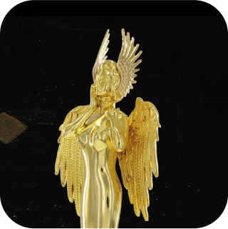 Golden statuette of a winged figure with an upward gaze, hands gracefully touching its face. Set against a dark background, the sculpture features ornate details and a sleek, glossy finish.