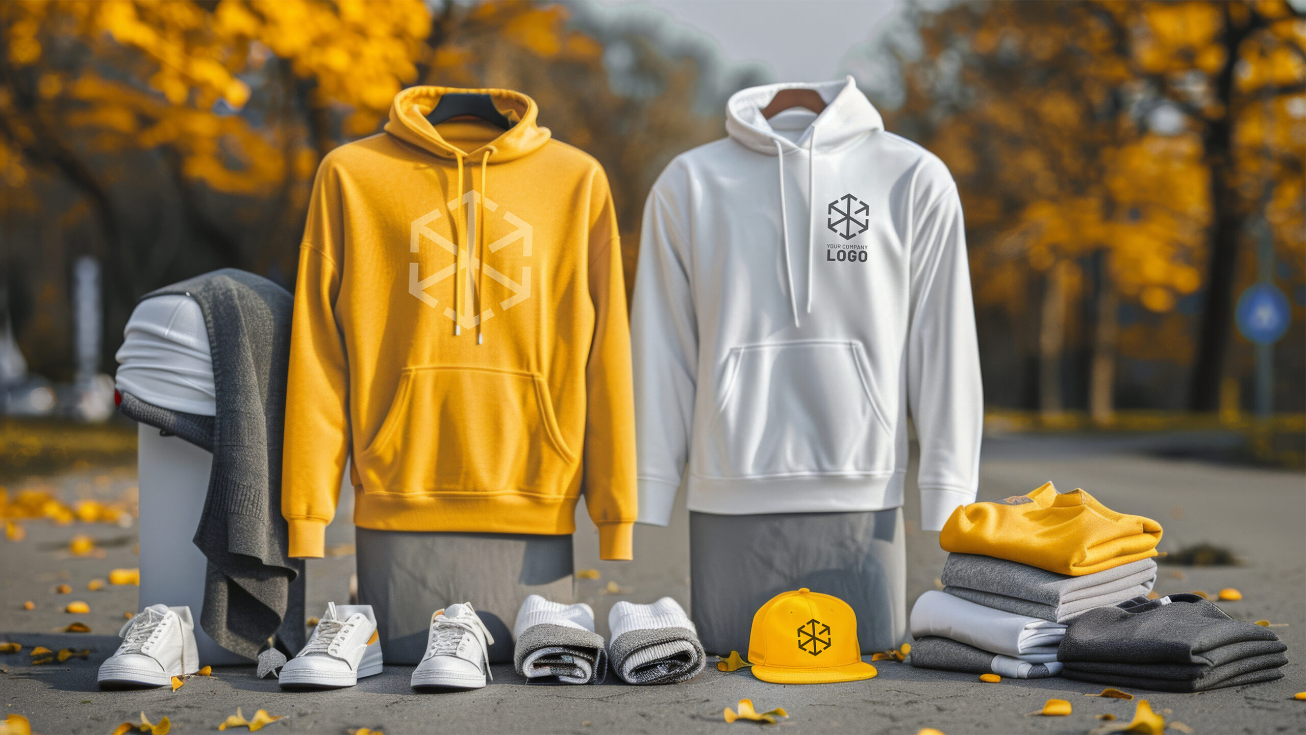 Two hoodies, one yellow and one white, are displayed on mannequins outdoors, surrounded by folded clothing, sneakers, and a yellow cap. Autumn trees with yellow leaves are visible in the background, creating a vibrant, warm atmosphere.