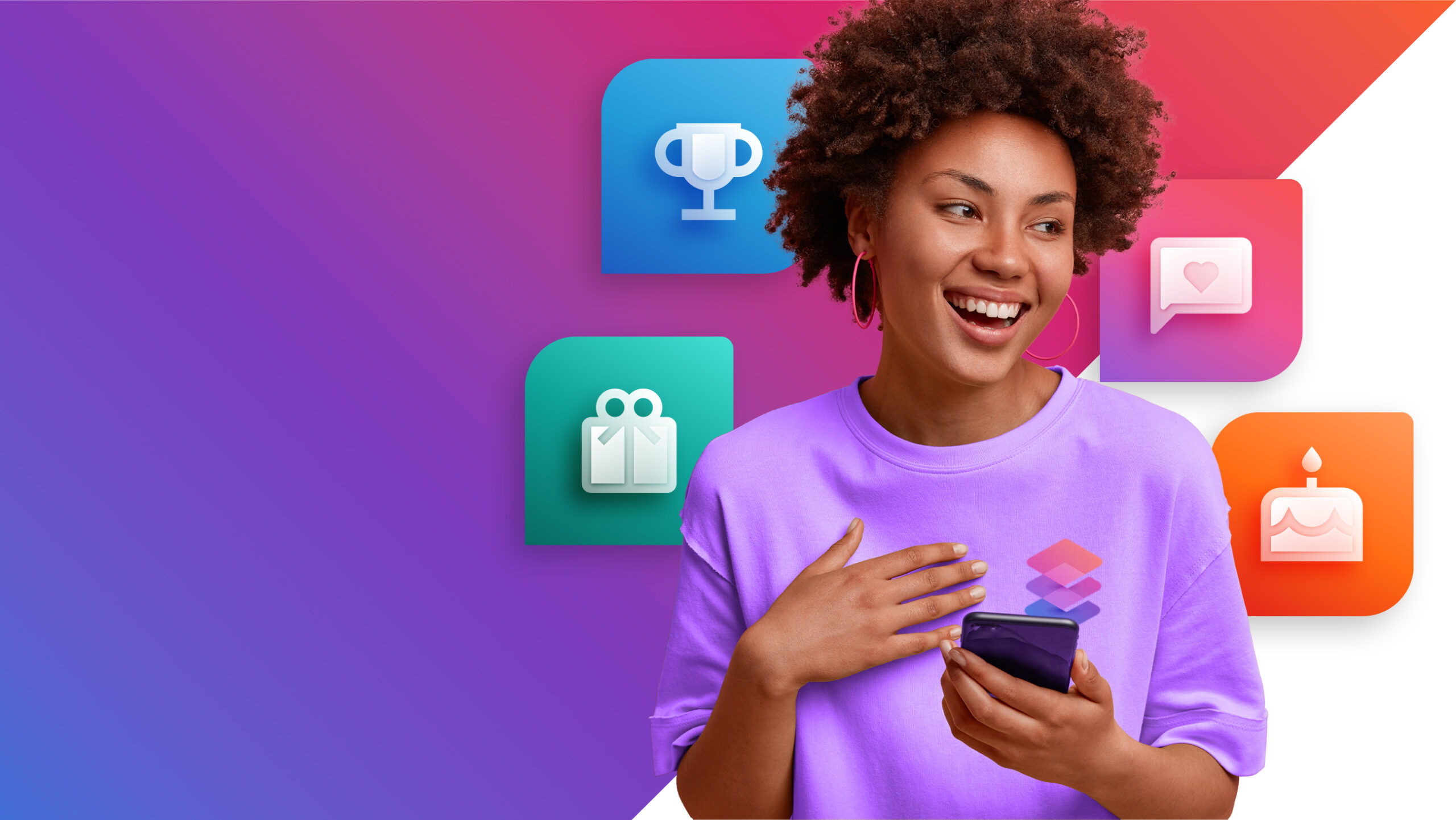 A person with curly hair smiles and holds a smartphone. Theyre wearing a purple shirt with a geometric logo. Colorful icons, including a trophy, gift, chat bubble, and cake, are in the background on a gradient backdrop.