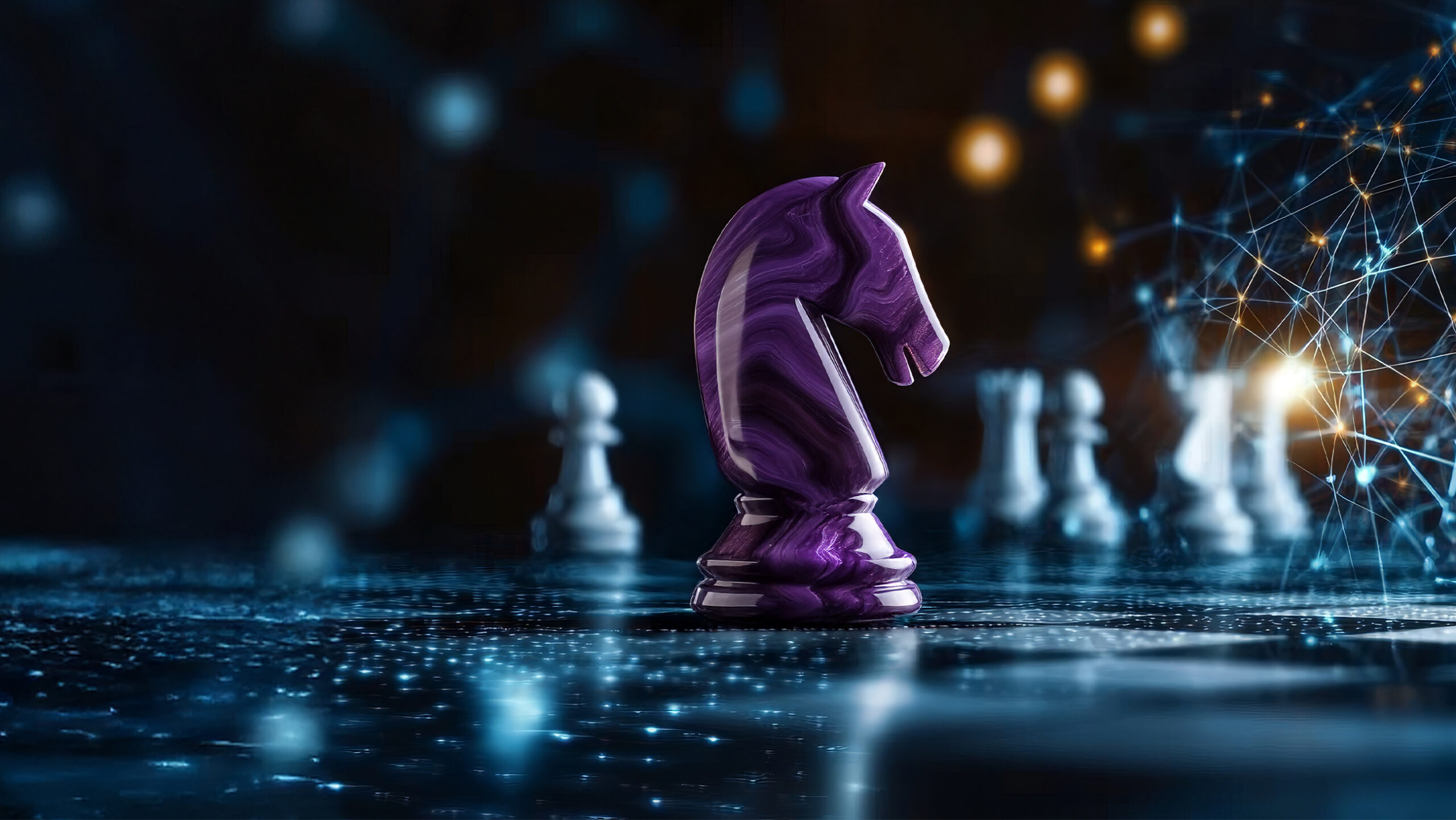 A luminous purple knight chess piece stands prominently on a board, surrounded by blurred white chess pieces in the background. A network of glowing connections extends on the right, suggesting a blend of strategy and technology.