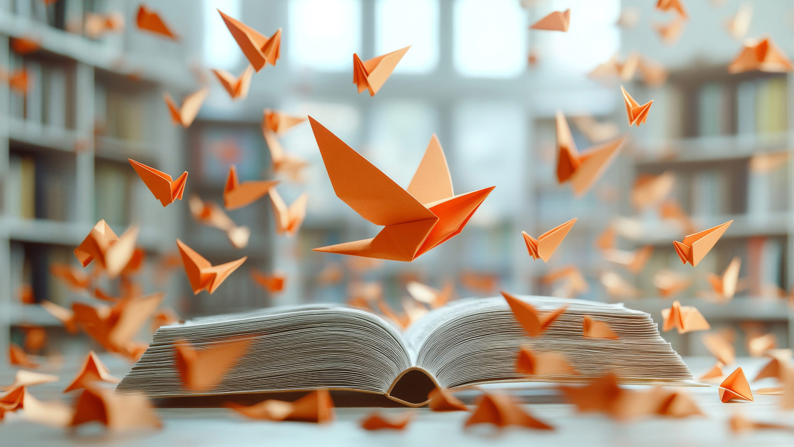 Open book on a table with numerous orange origami birds flying out, symbolizing imagination and knowledge. Shelves filled with books in the blurry background. Bright and airy atmosphere.