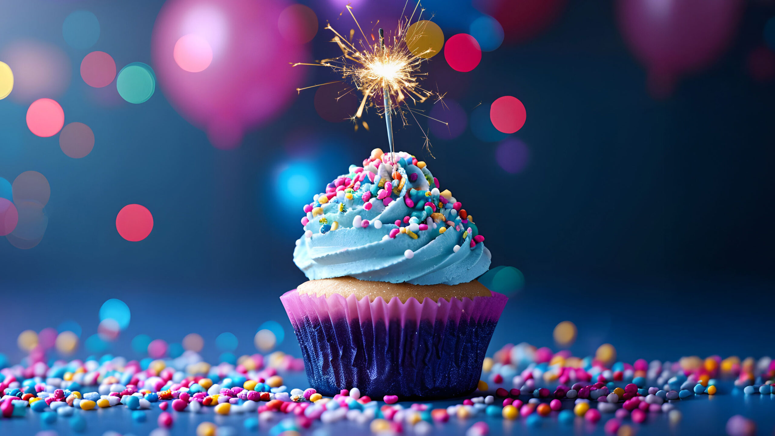 A cupcake with blue frosting and colorful sprinkles is topped with a lit sparkler. The cupcake sits on a surface scattered with more sprinkles. The background is filled with colorful bokeh and out-of-focus balloons.