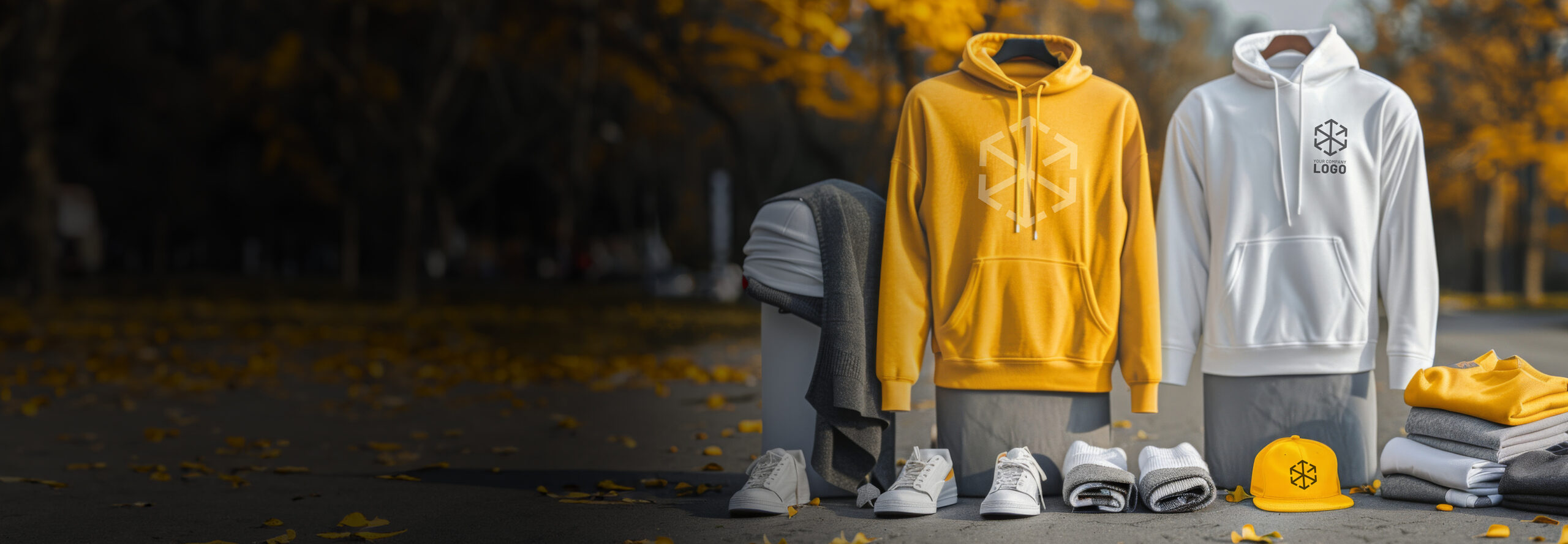 Two hoodies on display: one yellow with a geometric logo and one white with LOGO text. Theyre accompanied by a yellow cap, rolled t-shirts, sneakers, and pants. The background features a park with scattered yellow leaves.