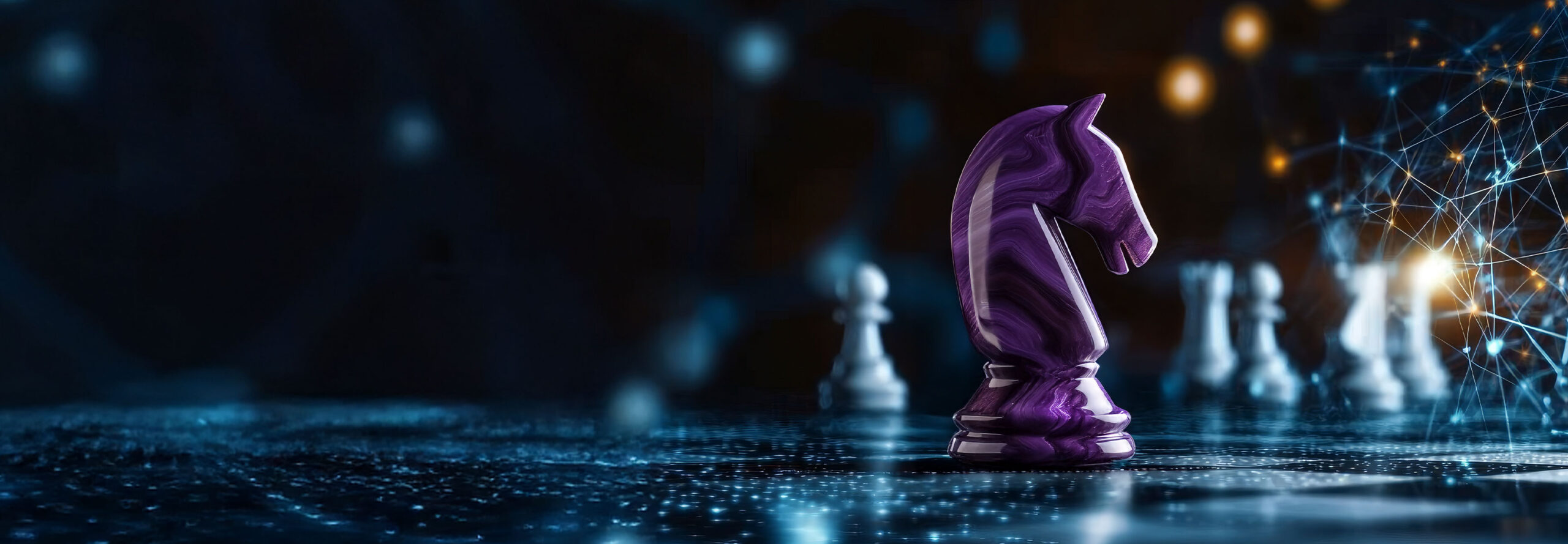 A glossy purple knight chess piece stands out on a digital-themed chessboard. The background is dark with glowing lights and abstract network connections, hinting at a blend of strategy and technology. Other blurred white pieces are in the distance.