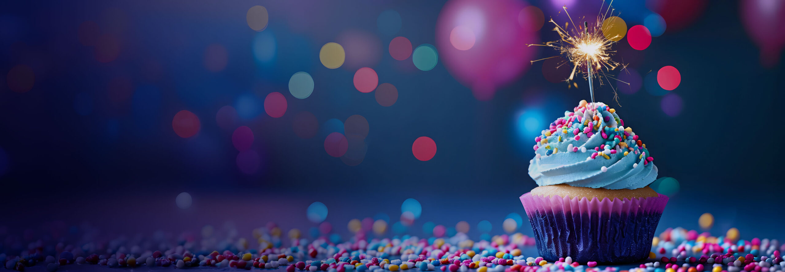 A cupcake with blue frosting and colorful sprinkles, topped with a lit sparkler. It is set against a blurred background with multicolored bokeh lights and out-of-focus balloons, creating a festive atmosphere.