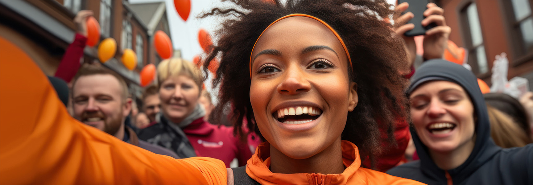 Woman in an orange jacket smiles and takes a selfie during a lively outdoor event. Shes surrounded by people wearing colorful clothes, some holding balloons. The scene is festive and energetic.