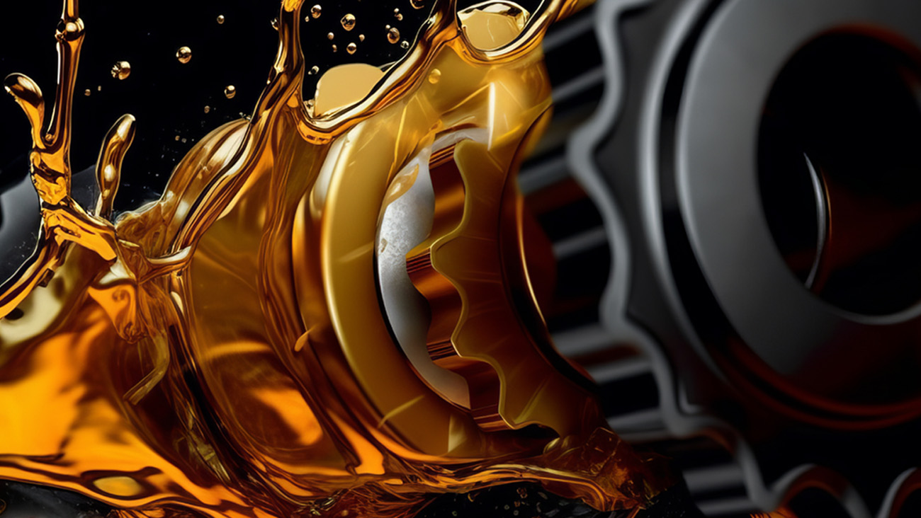 Close-up of two interlocking gears surrounded by splashing golden liquid, possibly oil. The gears are partially submerged, with droplets suspended mid-air, suggesting motion and lubrication. The background is dark, highlighting the metallic and fluid contrast.