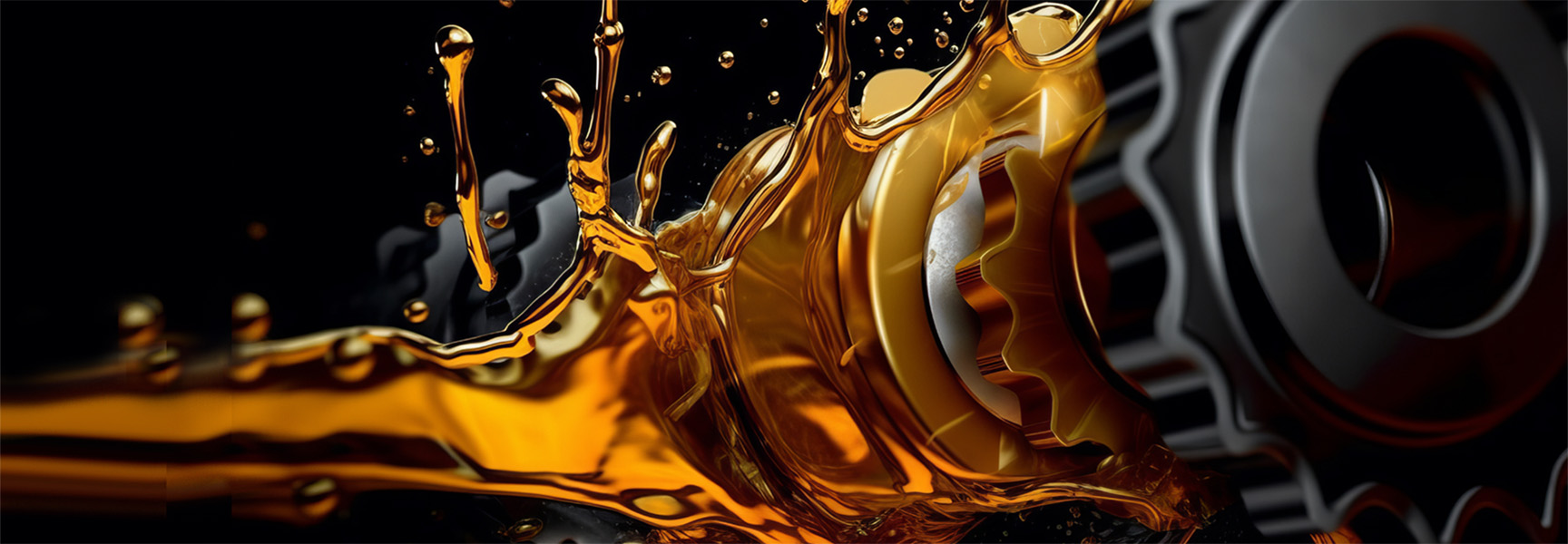 Close-up of a metal gear partially submerged in swirling golden-brown oil against a black background. The oil splashes dynamically around the gear, highlighting the industrial and mechanical theme.