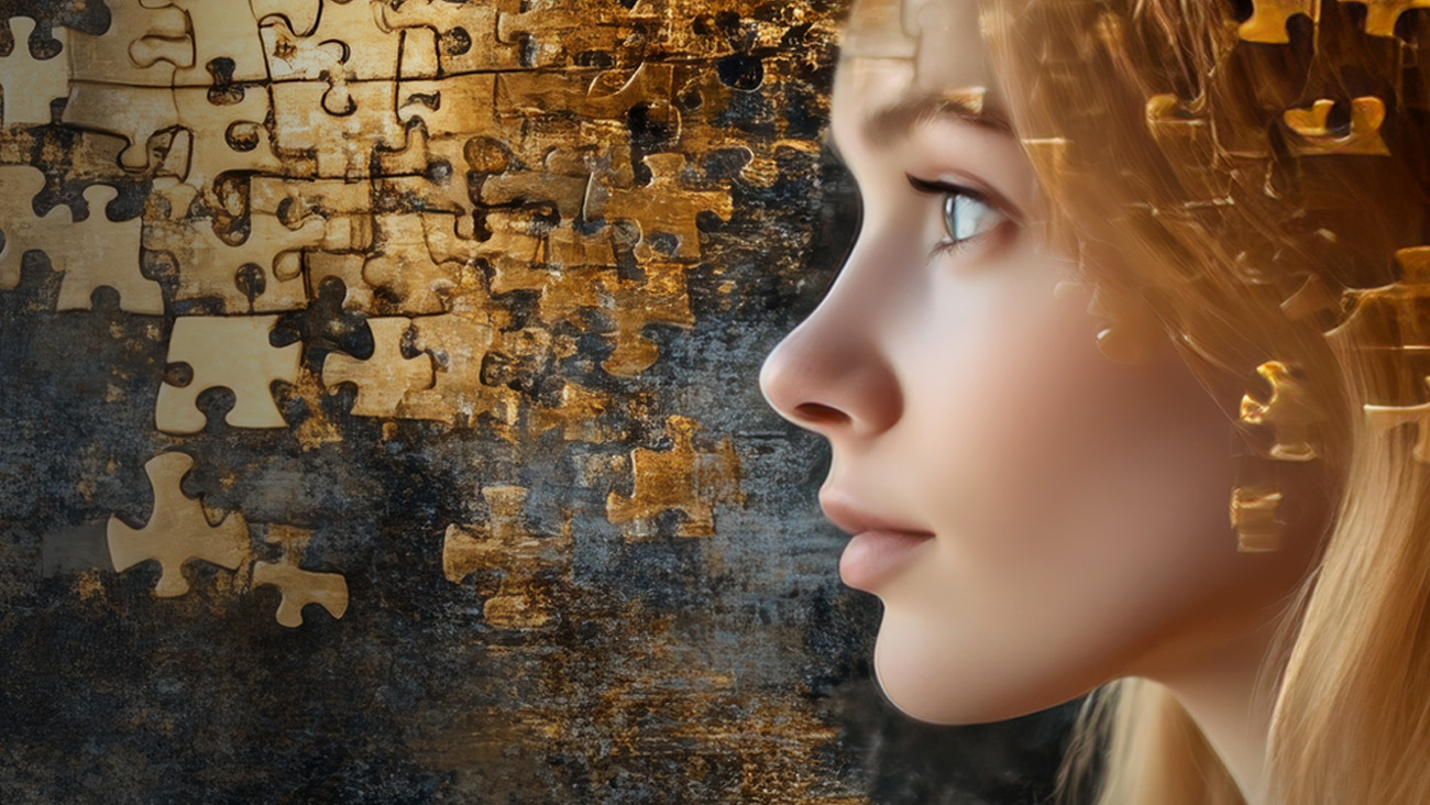 A womans face in profile blends into a textured background of golden and charcoal puzzle pieces, symbolizing complexity and interconnection. Her expression is thoughtful, with loose pieces surrounding her head.