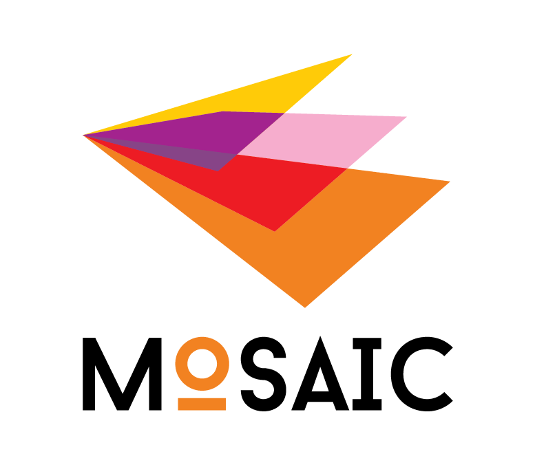 The image displays a logo with four overlapping triangles in orange, red, purple, and yellow, pointing right. Beneath the triangles, MOSAIC is written in bold black letters, with the O stylized as a circle with a line underneath—emphasizing the brands focus on corporate social responsibility.