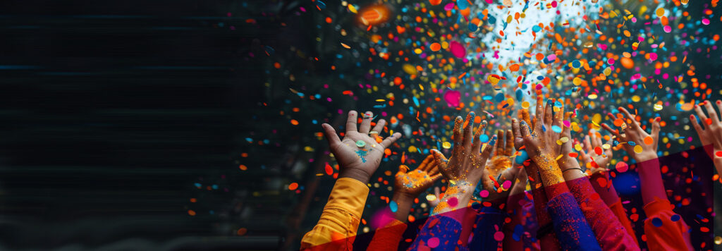 A group of hands reaching up towards a burst of colorful confetti against a dark background, creating a festive and joyful atmosphere.