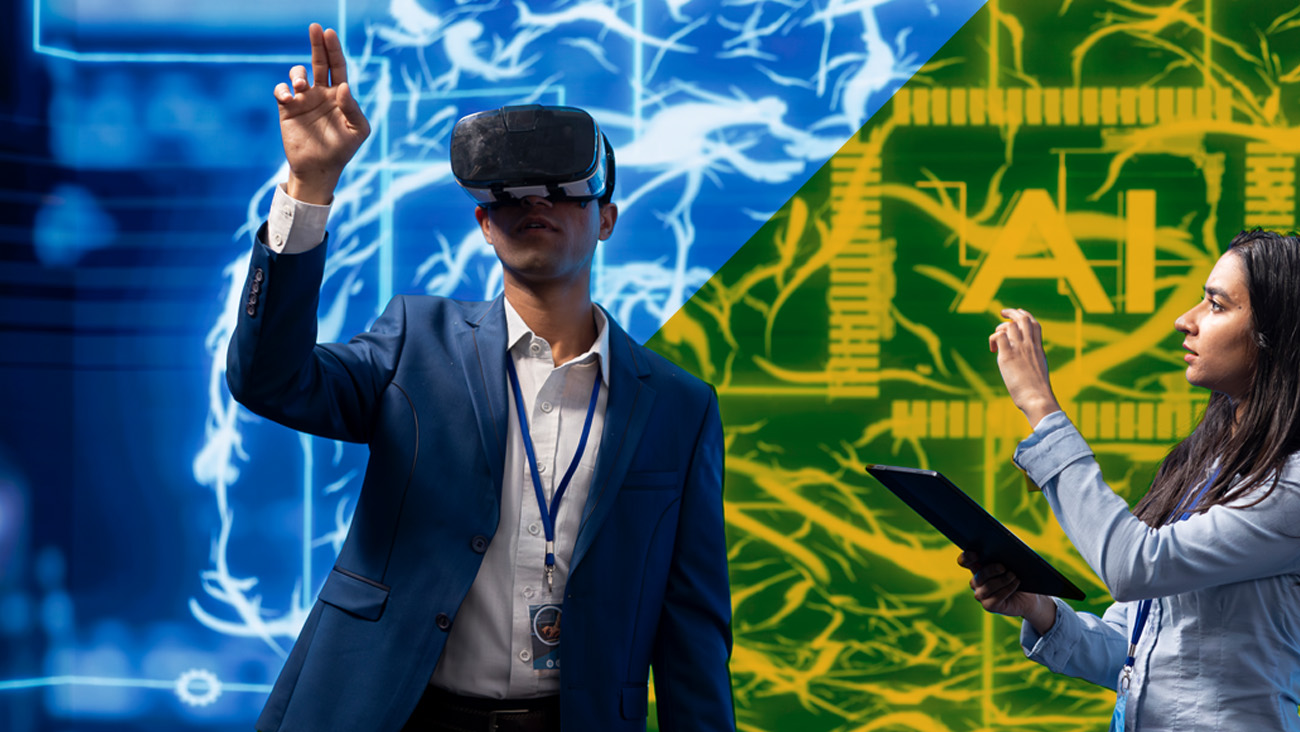 A man wearing a VR headset interacts with virtual elements. A woman stands nearby using a tablet. The background features digital graphics with neural networks and an AI symbol, highlighting a technology and artificial intelligence theme.