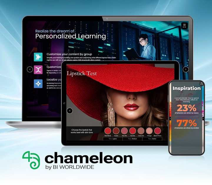 A laptop, tablet, and smartphone displaying different screens: a personalized learning dashboard, a lipstick test app with a person wearing a red hat, and an inspiration statistic. The chameleon by BI WORLDWIDE logo is visible below.