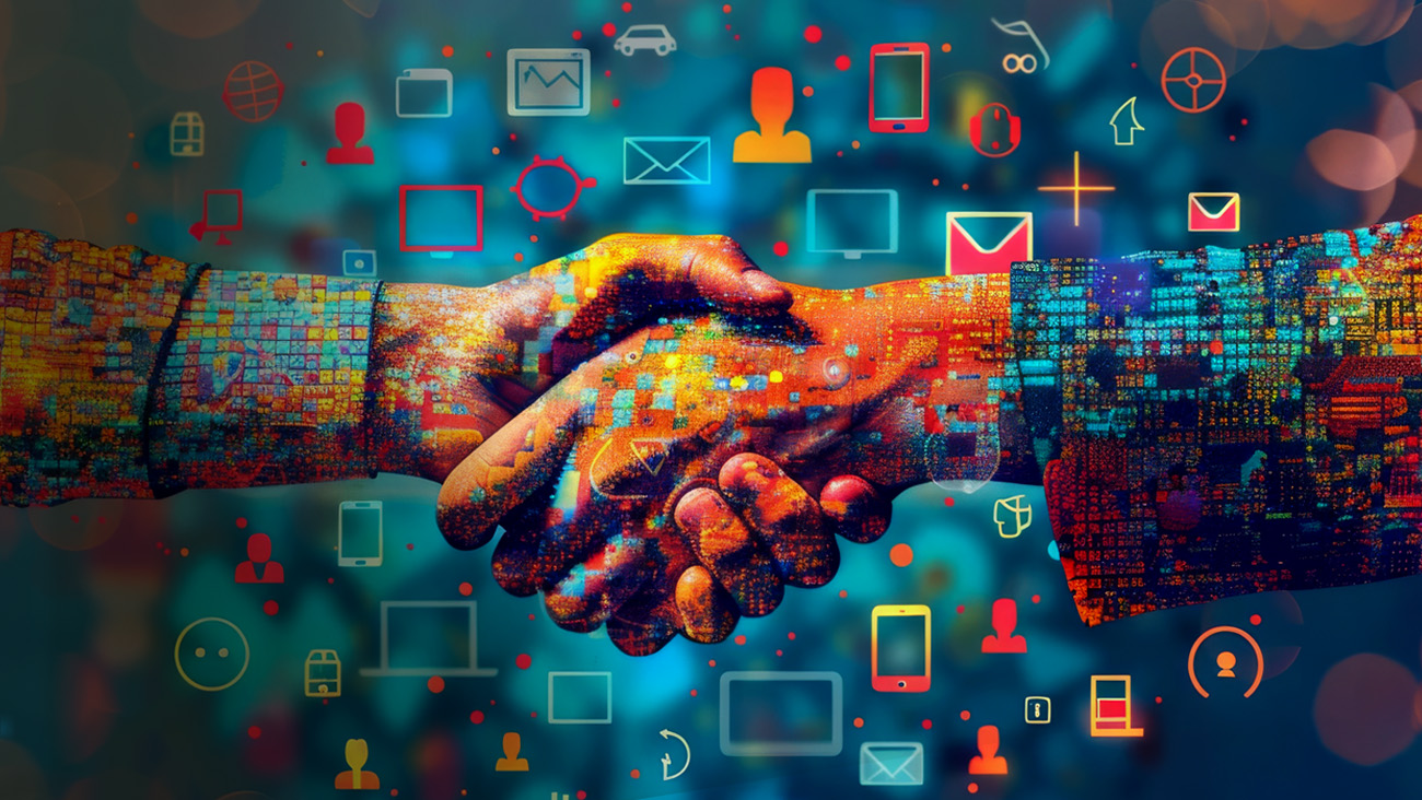 Two hands shaking, surrounded by digital symbols like email icons, social media logos, and various abstract data elements, representing a connection or agreement in a technology-driven environment. The background is a vibrant, colorful blur.