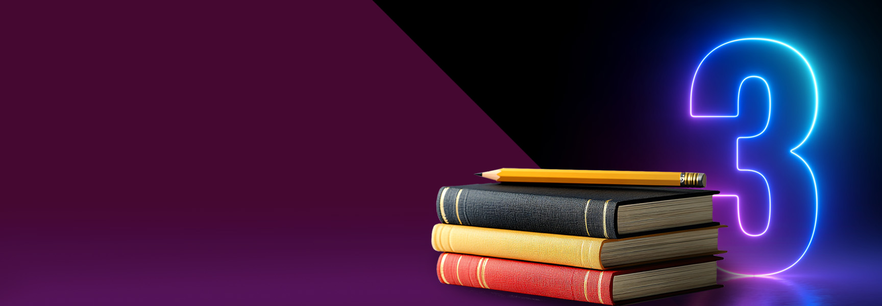 A stack of three books with a pencil on top sits against a purple and black split background. A large, glowing neon number 3 is partially visible on the right side.