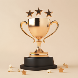 A golden trophy with two handles and a black base stands tall, celebrating shared triumphs of group travel. Three golden stars hover above, while smaller stars are scattered around the base against a beige background.