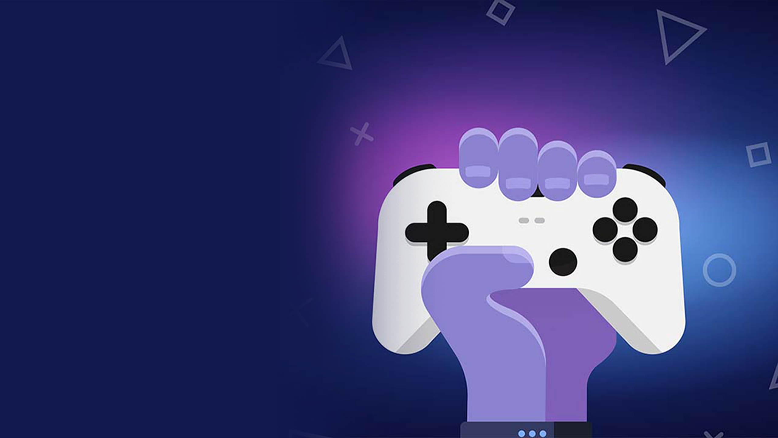 A stylized illustration of a purple hand gripping a white game controller against a dark blue background. Geometric shapes float around, with a gradient of purple and blue light illuminating the scene.