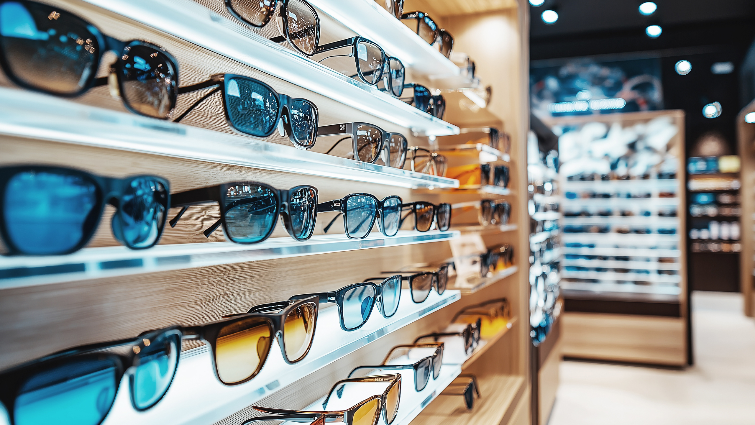 Display of various sunglasses on wooden shelves in a stylish eyewear store. The shelves are neatly lit, highlighting the different shapes and colors of the sunglasses. The background shows more eyewear on shelves with soft lighting.