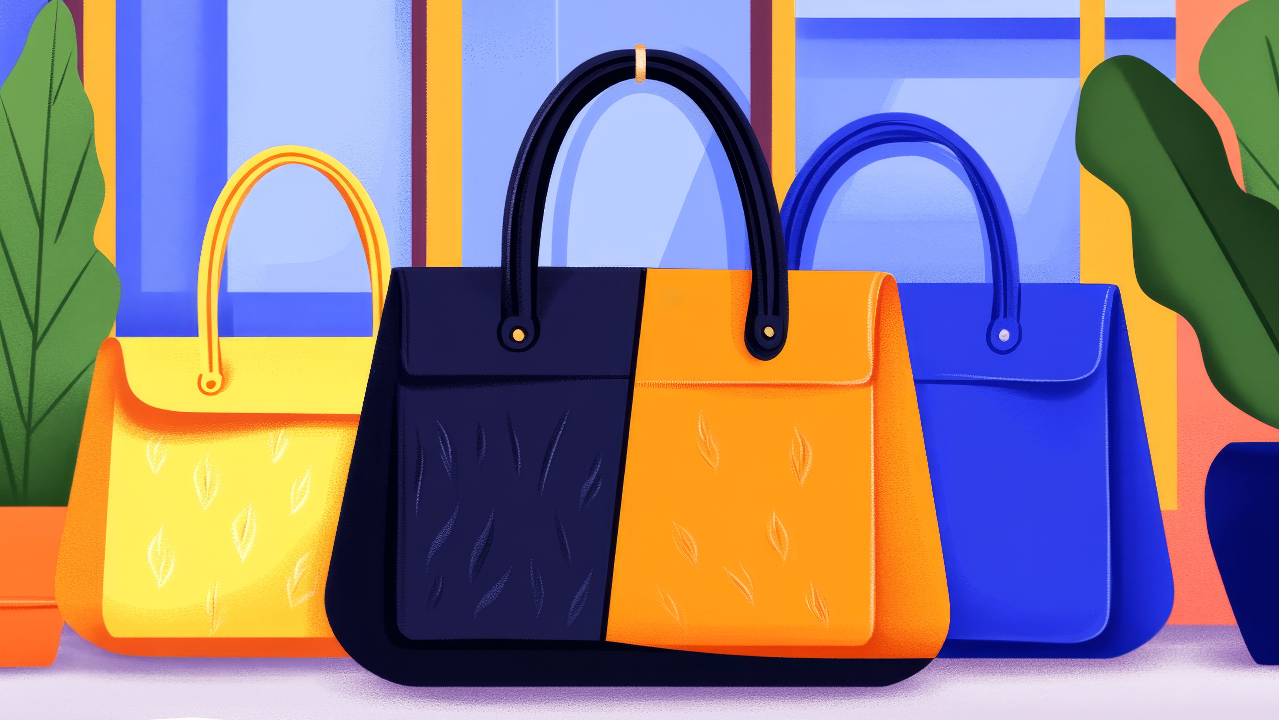 Illustration of three handbags: one yellow with leaf patterns, one with a split design in black and orange, and one solid blue. They are displayed against a backdrop with plants and a window.