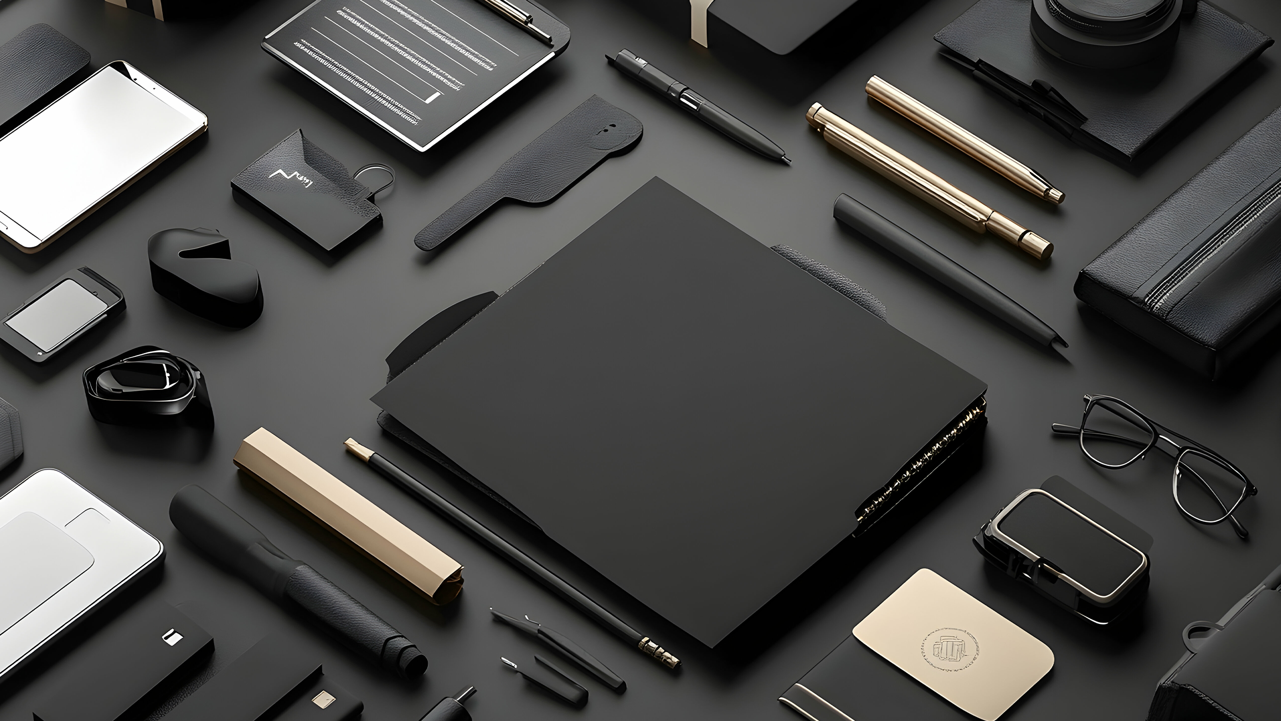 A flat lay of assorted sleek black and gold office items on a dark surface, including pens, notebooks, a smartphone, glasses, a watch, and a laptop. The arrangement creates a sophisticated and modern aesthetic.