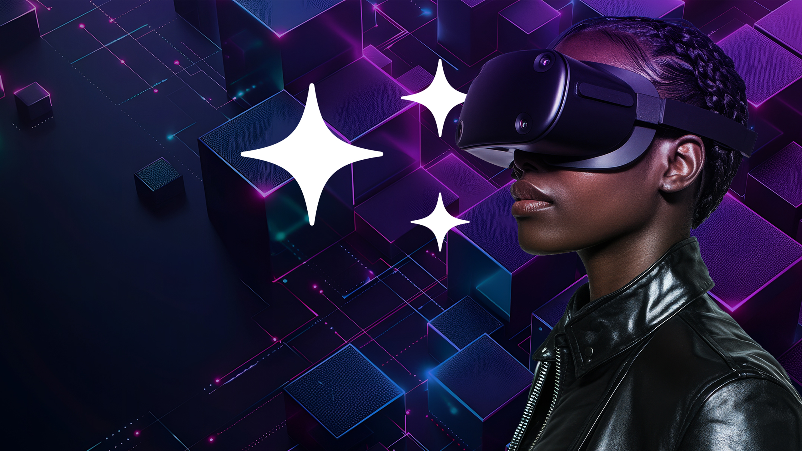 A person wearing a virtual reality headset is shown in profile against a background of glowing purple and blue cubes. The person is dressed in a black leather jacket, and the scene is accented with sparkles.