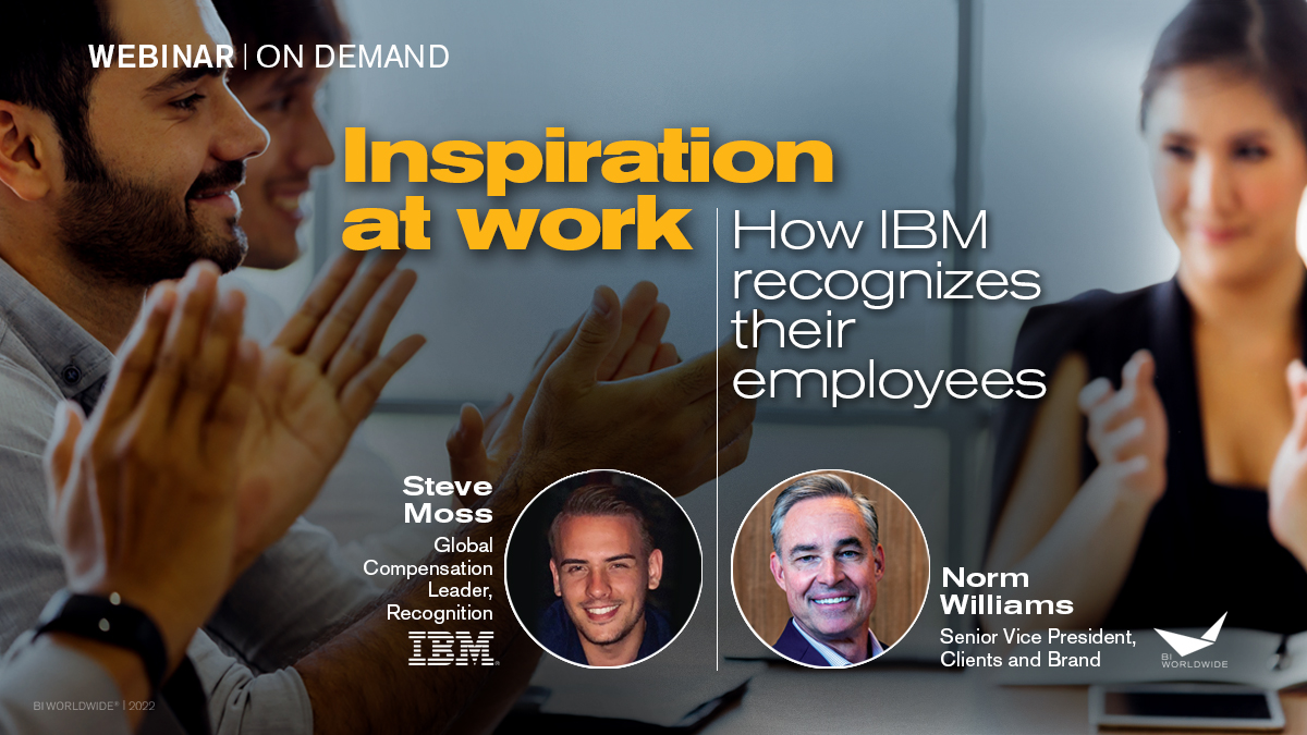 A webinar titled Inspiration at Work: How IBM Recognizes Their Employees features Steve Moss and Norm Williams. The background shows people clapping and a woman smiling.