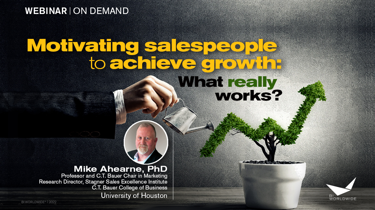 Webinar advertisement featuring a plant pruned into a rising arrow, symbolizing growth. Text reads, Motivating salespeople to achieve growth: What really works? Discover insights on tailoring incentives to salespeople with Mike Ahearne, PhD, from the University of Houston.