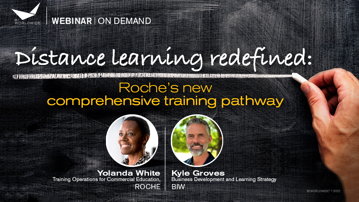 Chalkboard background with the text Distance learning redefined: Roche’s new comprehensive training pathway. Features circular photos of two people: one labeled Yolanda White from Roche, and the other Kyle Groves from BIW. Hand holding chalk in the corner.