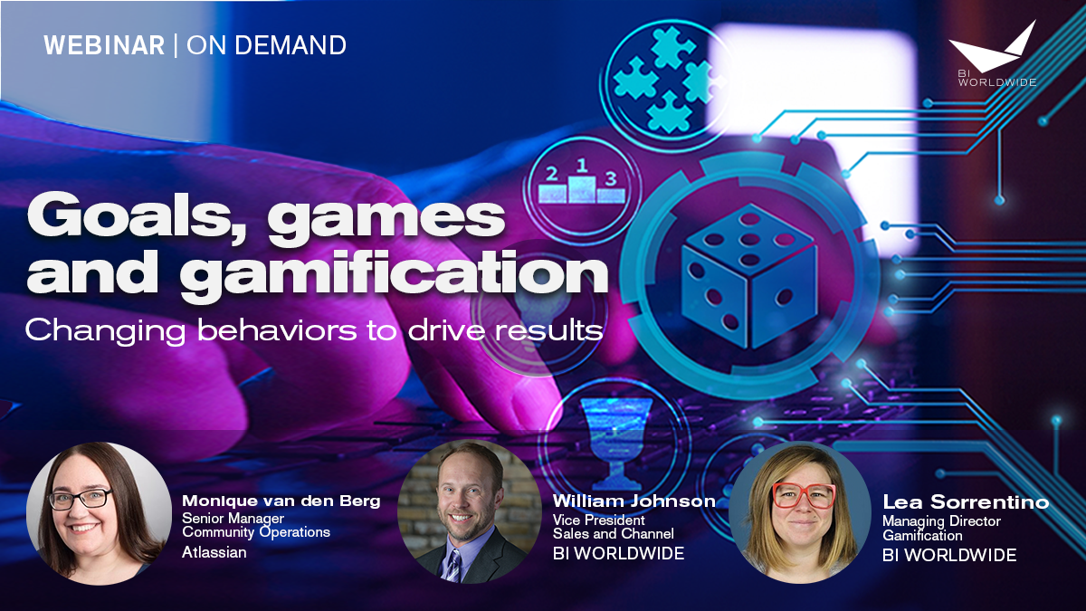 Webinar poster titled Goals, Games, and Gamification: Reaching Goals with Gamification to Drive Results featuring photos of Monique van den Berg, William Johnson, and Lea Sorrentino. Includes game controller and dice icons.