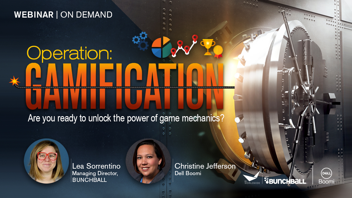 Discover Operation: Gamification through our on-demand webinar. The image showcases a gear, trophy, and chart, embodying the essence of gamification. Join Lea Sorrentino from Bunchball and Christine Jefferson from Dell Boomi against a backdrop of a secure bank vault.