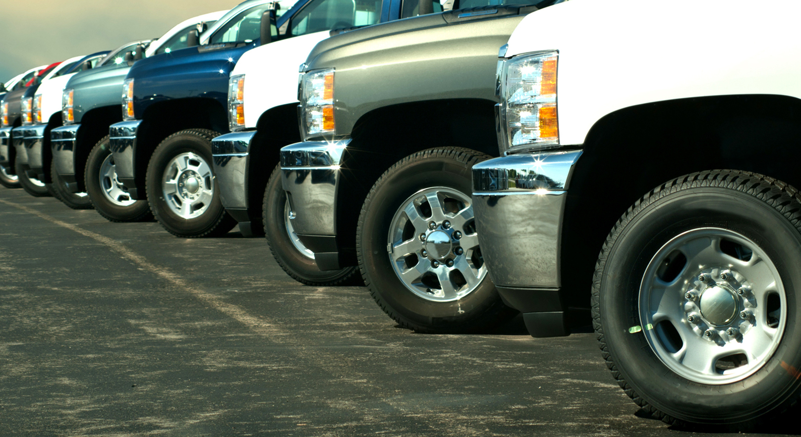 A row of parked trucks in various colors, including white, silver, and blue, are aligned side-by-side on a paved lot, showcasing the latest models in new truck sales. The focus is on the front half of the vehicles, highlighting their wheels and chrome bumpers.