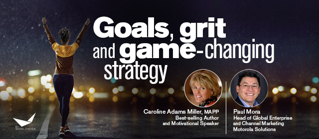 A woman stands with arms raised, facing the blurred city lights. The text reads Goals, grit, and game-changing strategy. Photos of Caroline Adams Miller and Paul Mora with their titles are on the image, highlighting their expertise in reaching goals with gamification.