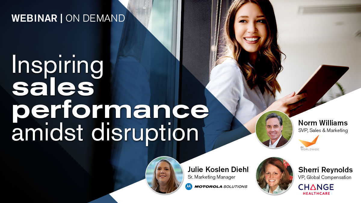 A webinar titled Inspiring Sales Performance Amidst Disruption highlights a smiling woman by a window and the circular headshots of Norm Williams, Julie Koslen Diehl, and Sherri Reynolds. Logos of EvolvH and Motorola Solutions are prominently featured.